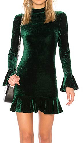 R.Vivimos Women's Winter Long Sleeve Velvet Ruffles Bodycon Mini Dress (Medium, Green)