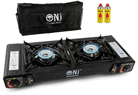 NJ DS-22 Camping Gas Stove Double Burner Portable Outdoor Cooker Carry Bag Butane BBQ+Canisters (Stove + 2 Canisters)