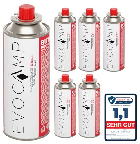 EVOCAMP Bouteilles de gaz Butane 227g pour réchaud de Camping, Chauffage au gaz ou brûleur de Mauvaises Herbes, Cartouche de gaz Type MSF-1a, pressurisée Universelle (6X)