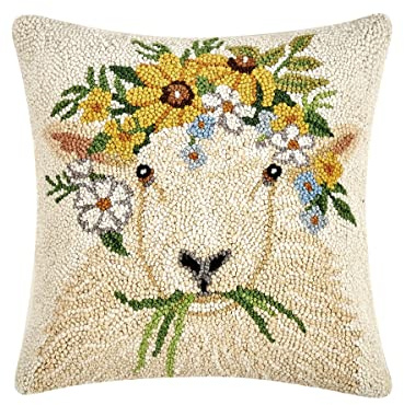 Peking Handicraft 30ML492C14SQ Spring Sheep Poly Filled Hook Pillow, 14-inch Square, Wool and Cotton