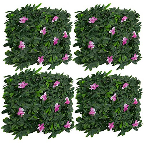 GreenBrokers Künstliche grüne Wandhecke mit violetten Blumen – UV-stabil, vertikaler Garten (4 Stück)