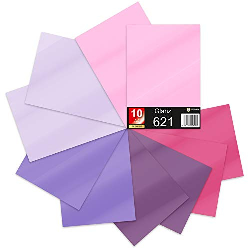 Finest Folia 10 x Din A4 Bögen Plotterfolie 621/631 Selbstklebende Folie im Set Vinyl zum Plotten DIY Bastelfolie Sticker Beschriftung Aufkleber 29,7x21cm (Lilatöne matt, 10er Set)