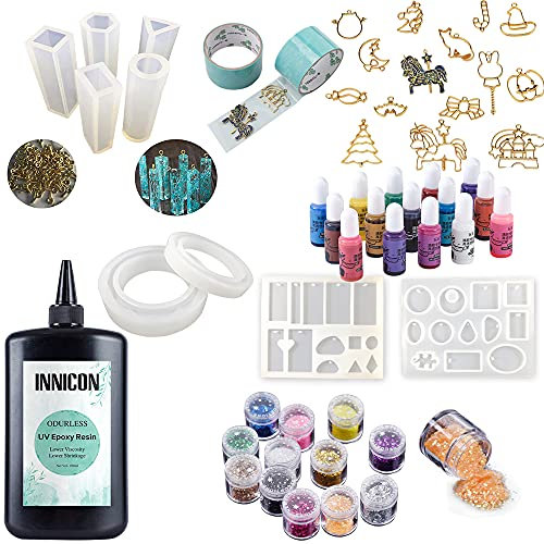 Geruchloses 250g UV-härtendes UV-Harz, 13 x Epoxid-Farbstoff, 12x Pailletten, Glitzer, 14 x offene Rückenfassungen, Einhorn-Karussell, Candy Bar, Magic Hat Castle, 2 x spurloses Klebeband für
