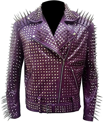 Brando Motorradjacke für Herren mit Nieten, Rindsleder, Punk-Rock-Welt, Lila