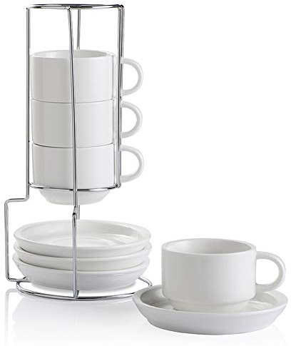 Sweejar Home Porzellan Cappuccino Tassen mit Untertassen und Metallständer, stapelbare Espressotassen für spezielle Kaffeegetränke, Latte, Americano, Tee mit Set von 4 (weiß, 120ml)