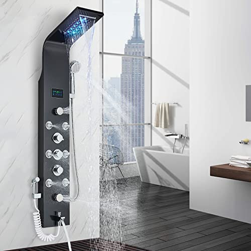 Cesinkin Colonne de douche hydromassante Noir Panneau de Douche en acier inox 304 avec douche de pluie cascade pulvérisateur arrière baignoire eau avec écran de température