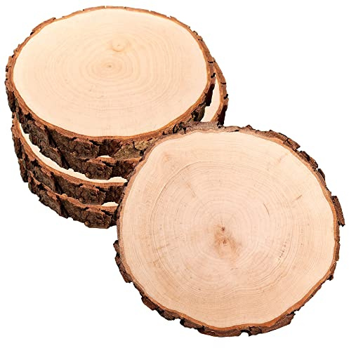 Baumscheibe aus echtem Holz mit Rinde, Runde Holzdeko Baumstamm Scheibe, Natürliche Holzscheibe zum Basteln, Schlichte Holzplatte als robuster Untersetzer (5-er Set)
