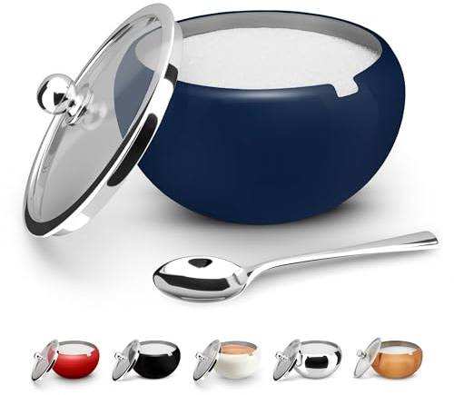 KooK Sugar Bowl, Sugar Bowl with Lid and Spoon, Sugar Container with Lid, for Salt, Coffee, Holds 2 Cups, Dishwasher Safe, Matte Navy, 16 Oz