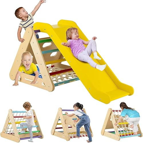 Costzon 4 in 1 Climbing Toy for Toddlers, 3-Sided Montessori Wooden Triangle Climber with Sliding Ramp, Climbing Net & Board, Kids Boys Girls Indoor Home Daycare Gym Playset Birthday