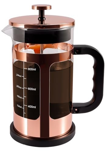 RealPero French Press Coffee Tea Maker, Upgrade Heat Cold Resistant Thickened Glass with 4 Level Stainless Steel Filtration System Brew Coffee & Tea, BPA Free, Large 1000ml 34oz, Rose Gold