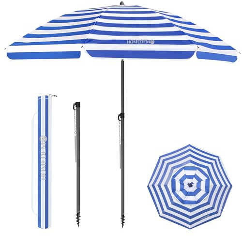 HOMEDEMO Parasol Plage Inclinable avec Revêtement Argenté, Protection Solaire UV50+, avec Pied d'ancrage à Visser & Housse de Protection, pour Terrasse, Piscine, 200cm, Rayures Bleues Blanches