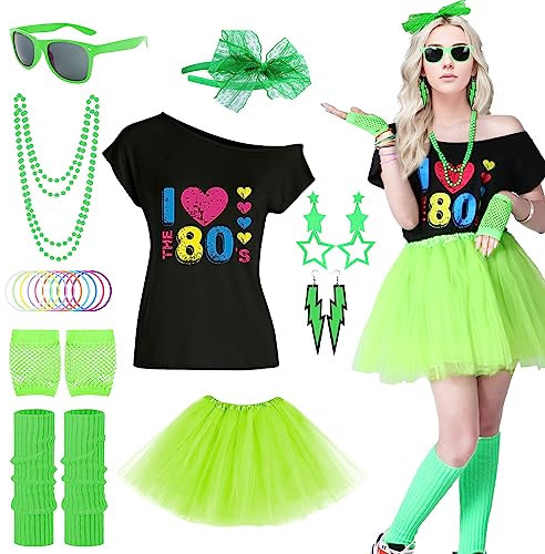 Maryparty Disfraz Años 80 Mujer, Accesorios de Neón Ropa Con Camiseta, Tutú, Guantes de Rejilla, Calentadores de Pierna, Collares, Pulseras, Pendientes, Gafas y Diadema