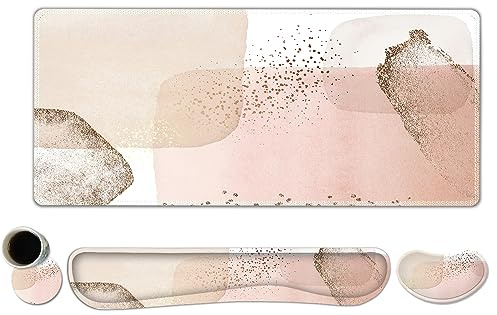ToLuLu Extended Gaming Mouse Pad with Memory Foam Ergonomic Support, Large Desk Mat with Stitched Edges, Non-Slip Base for Home Office, Game, and Study, Pink Gold