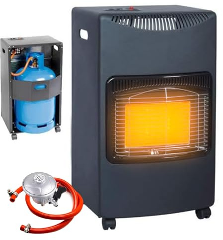 Portable Calor Gas Heater 4.2kw - Indoor & Outdoor Room Heater, 3 Heating Settings | For Home, Camping, Office, Garage & Workshop - Free Standing Butane Cabinet Heater With Wheels, Regulator and Hose