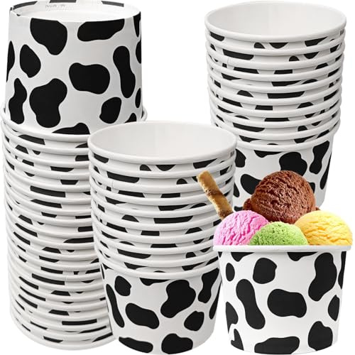 EaciTown 50 Pcs Cow Print Ice Cream Cups 9oz Paper Disposable Cow Bowls Bulk Cowgirl Soup Bowls Paper Food Containers Cowboy Farm Animal Party Supplies for Snack Dessert Fruits