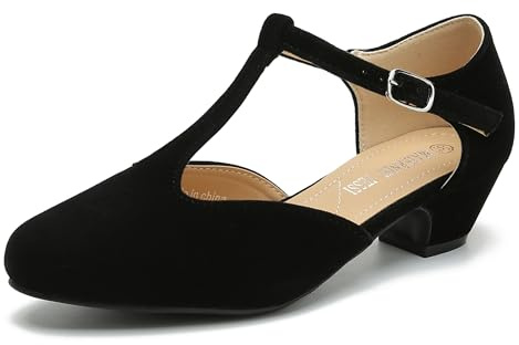 MAIERNISI JESSI Women's T-Strap Mary Jane Pumps, Low Block Heel, Closed Toe, Buckle Ankle Strap Black Velvet 40 - US 8
