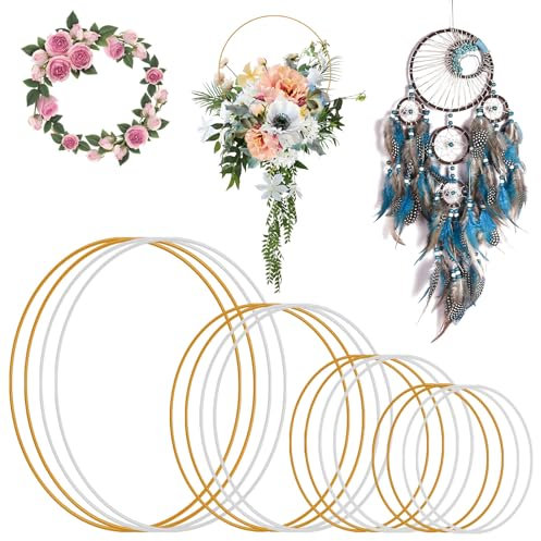 16 Pezzi Anelli in Metallo, Bianchi/Oro Cerchi Metallo per Ghirlande con Spessore 3mm, Cerchi per Acchiappasogni, Ghirlande Nuziali Fai da Te(8cm/10cm/15cm/20cm)