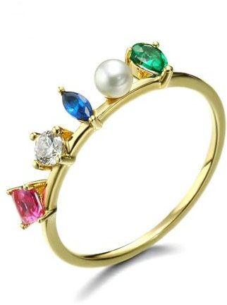 Skcess 14K Gold Eheringe Weiß Perle Runden, Verlobungsringe Krone mit Buntem Edelstein Ringe Frauen Größe 66 (21.0)