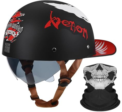Motorcykel Halv HjäLm Baseball Cap Med En Mask ECE Certifierad öPpen Ansikte HjäLm Med Krympbar Brun Lins Quick Release SpäNne FöR Vuxna MäN Kvinnor S ~ 2XL 55-64CM