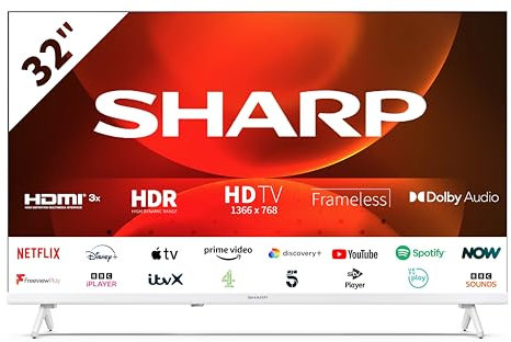SHARP 32FH2KAW 32-Inch HD Ready Smart Frameless Android TV in White with Active Motion 400, Freeview Play, Pre-Installed Apps, 3x HDMI & 2x USB