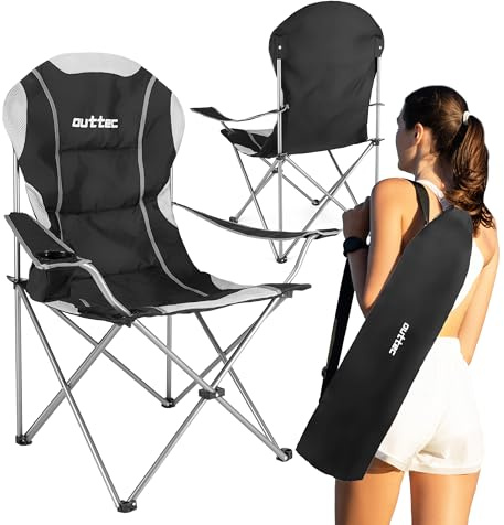 Outtec Campingstuhl Faltbar bis 130kg, Strandstuhl mit Hochlehner Rückenlehne, Camping Stuhl mit Getränkehalter und Tragetasche, Klappstuhl Campingsessel, Angelstuhl, Camping Zubehör, Angelzubehör