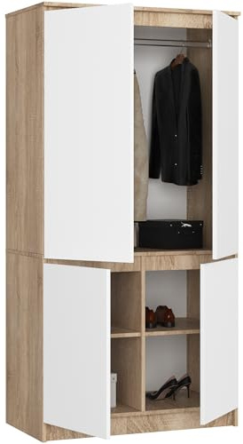 BDW 4-dörrars garderob - Stor kapacitet - Elegant, mångsidig design - Universellt användbar - För sovrum, vardagsrum, kontor - 90 cm - med 4 hyllplan - Ek Sonoma/Vit