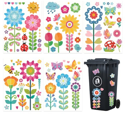 Sxutop 10 Sheets Wheelie Bin Flower Stickers Flower Dustbin Sticker Self Adhesive Wheelie Bin Stickers Butterfly Hummingbird Insect Pattern Bins Decorative Sticker for Bins Fridge Doors Wall