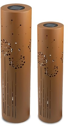 Set de 2 lampes solaires UNUS pour le jardin 60 cm et 80 cm, avec pâquerette, lampes de jardin pour l'extérieur en brun rouille, lampe solaire pour l'extérieur comme éclairage de jardin