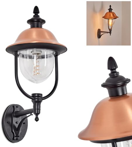 HOFSTEIN Außenwandleuchte Gascon, Außenwandlampe aus Metall/Kunststoff in Schwarz/Kupfer/Klar, Wandleuchte außen im Vintage/Antik/Landhaus-Design, Garten, Hof, Außenbereich, Haustür, E27, IP44