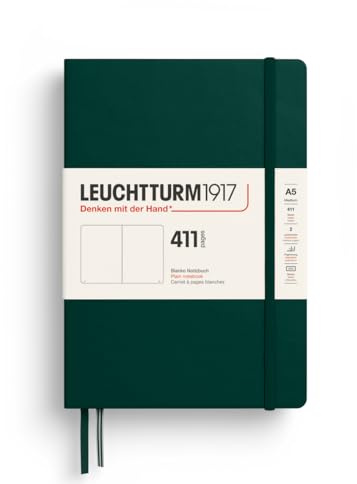 LEUCHTTURM1917 Notizbuch Medium A5 Hardcover, 411 Seiten, Forest Green | Blanko, 80 g/m² säurefreies Papier, 160 zusätzliche Seiten, Deutsche Traditionsmarke seit 1917
