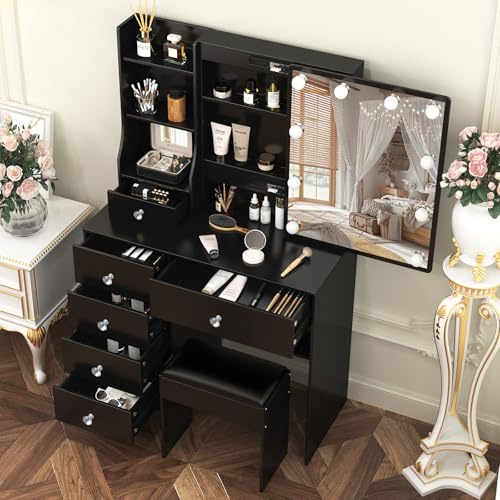 Teousev Postazione Trucco con Sgabello e Specchio, Toeletta Trucco con Luci, Toilette Trucco con 6 Cassetti e 6 Ripiani Aperti, 80X36X131cm, Moderno, Nero, JR300106