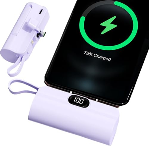 UFUZON Ishiva Mini Power Bank 5000 mAh USB-C, Chargeur Portable sans Fil Batterie Externe avec Écran LED, PowerBank Compatible avec USB-C et Téléphones Android, iPhone 15/16, Violet