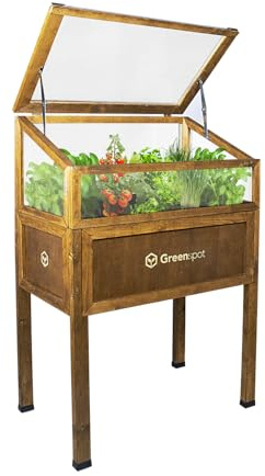 Greenspot - Hochbeet Balkon mit Haube - Hochbeet mit Frühbeetaufsatz - 80x45x120cm - aus Holz - Terrasse Minigewächshaus, Frühbeetkasten mit Deckel, Kräuterbeet - Vintage Palisanderbraun | Imprägniertes Fichtenholz mit aufklappbarem Polycarbonatdeckel Agrovlies und 100 kg Tragkraft für Balkon oder Terrasse