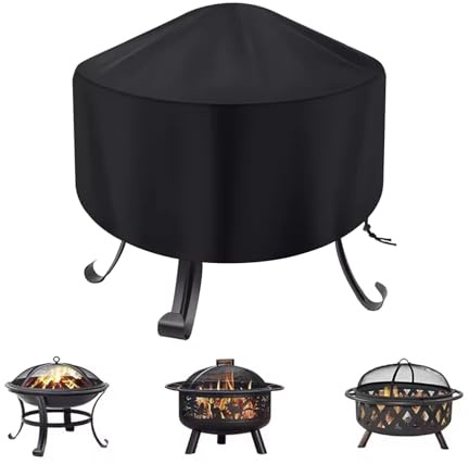 Impermeabile Braciere Circolare da Giardino | Copertura Barbecue Rotonda | Esterni Copertura per Fuochi da Esterno | Coprifuoco Rotondo per Esterni (Nero,122x45cm)