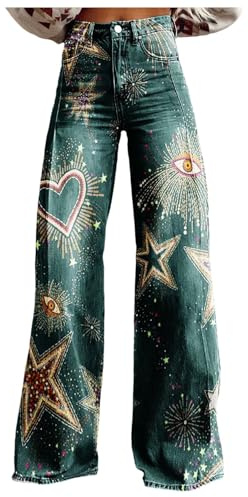 2025 - Women's Vintage Wide Leg Jeans, Fashionable High Waisted Casual Jeans in 90s Style with Floral Pattern Jeans Men 32/32 Light, Dark green, XXL