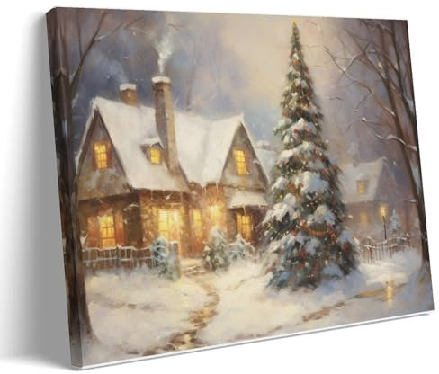 AEMYSKA Stampa artistica da parete su tela, stile vintage, con albero di Natale, moderno, bosco, capanna rustica, decorazione da parete su tela, opera d'arte con cornice, per camera da letto