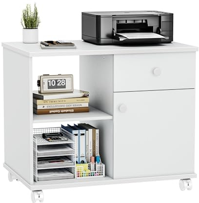 Quikraen Rolling File Cabinet Mobile Filing Cabinets with Doors, Adjustable Shelves Storage Cabinet, Lateral Printer Stand with Drawer for Office Supplies Mobile Filing Cabinet White