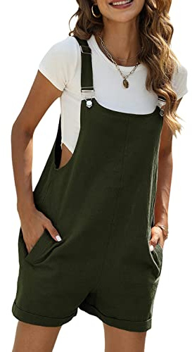 Sukany Women's Summer Casual Cotton Linen Short Overalls Adjustable Straps Bib Shortalls with Pockets (Army Green,L)