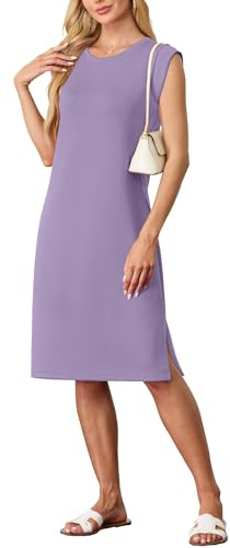GRECERELLE Vestido Midi de Verano para Mujer 2025 Vestido Casual de Cuello Redondo con Camiseta Elegante Sin Mangas y Libre de Arrugas para Mujer del Reino Unido con Abertura y Bolsillos, Lila, XXL