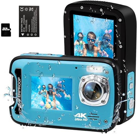 Underwater Camera 17FT 4K 48MP Waterproof Camera for Snorkeling，Dual Screen Auto Focus Digital Camera with 32GB Card,18X Zoom Fill Light Compact Cameras