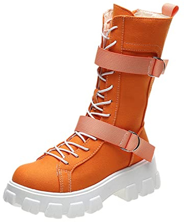 LOIJMK Lace-up boots women's combat boots combat boots riding boots non-slip leather boots women's boots lace-up boots slip boots faux leather ankle boots autumn winter boots work boots, orange, 5 UK