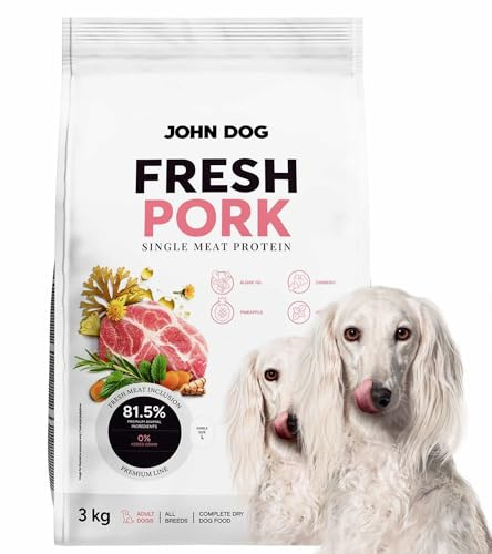 JOHN DOG Premium Trockenfutter für Hunde Fresh - Hundefutter trocken getreidefrei mit 81,5% Fleischanteil - Hundetrockenfutter mit Schwein - aus natürlichen Zutaten - für ausgewachsene Hunde 3kg