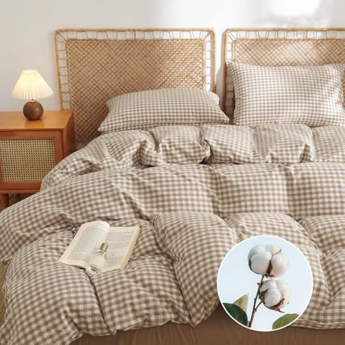 AShanlan Bettwäsche 135x200 Baumwolle Beige Kariert Bettwäsche-Sets 2teilig | Bettbezug 135x200 mit Kissenbezug 80x80 cm, ÖKO-TEX Leinenoptik Gewaschene Baumwolle Bettwäsche mit Reißverschluss