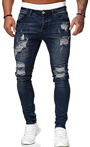 Jeans skinny strappati elasticizzati da uomo, super comodi pantaloni in denim invecchiato con fori distrutti, #17 Blu scuro, XXL