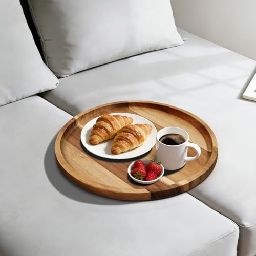 Couch Insert Tray, Foldable Acacia Wood Round Sofa Trays for Sectionals
