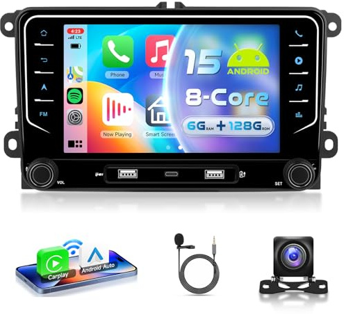 VECHTEL 8 kärnor 6G 128G bilradio Android 15 för VW Golf 5 6 Passat Jetta Caddy EOS T5 Tiguan Touran CC Polo, 7-tums IPS-pekskärm med trådlös Carplay Android bil GPS Wi-Fi Bluetooth USB FM RDS kamera