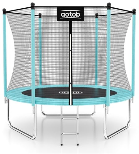 AOTOB 8FT Trampoline with Safety Enclosure Net，Blue Outdoor Trampoline with Ladder, Heavy Duty Jumping Mat and Spring Cover Padding for Kids