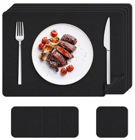 KitchenBoss Tovagliette Americane Lavabili con Sottobicchieri, Set di 4 Tovagliette Colazione Effetto Pelle Resistenti al Calore, Impermeabili su Entrambi i Lati, 43×30 cm, Nero