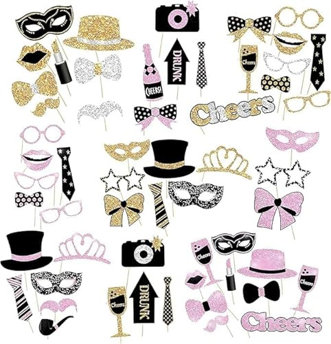 60 Stück Foto Requisiten, Lustige Party Foto Booth Props Fotobox Accessoires Geburtstag Fotorequisiten Set, Fotobox-Zubehör für Karneval Hochzeit Zubehör Tischdeko Geburtstag Deko, Gold Pink