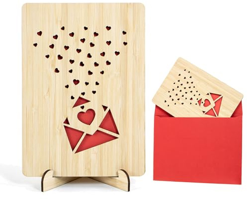 OUFANKADI Geburtstagskarte aus Holz mit Ständer, 17x12 cm (liebesbrief) | Bambus Jahrestag Geschenk für Ihn & Sie, Romantische Geschenke zum Hochzeitstag, Hölzerne Hochzeit, Umschlag
